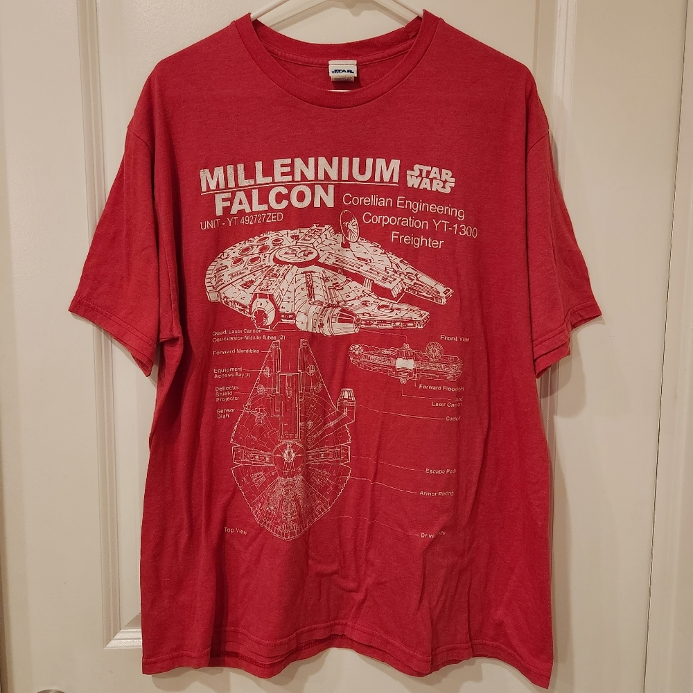 Star Wars Millennium Falcon Diagram Graphic Print Short Sleeve Red T-Shirt